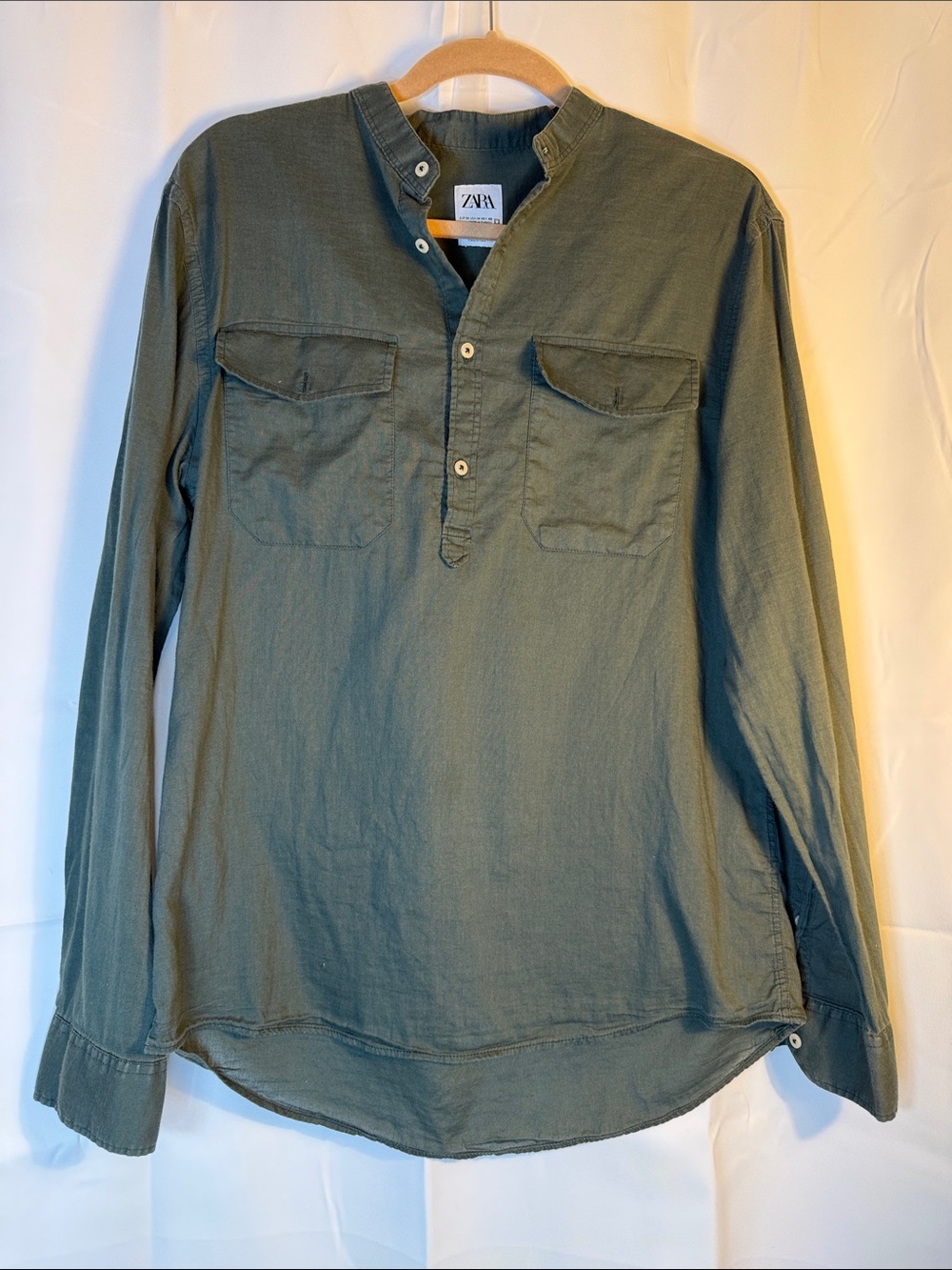 Zara Olive-Gray Band Collar Long Sleeve Shirt